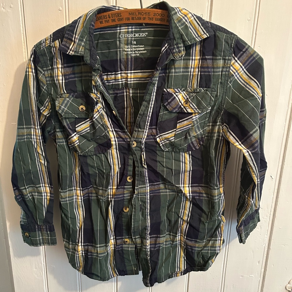 Cherokee 7/8 green & yellow Plaid long sleeve button up flannel shirt